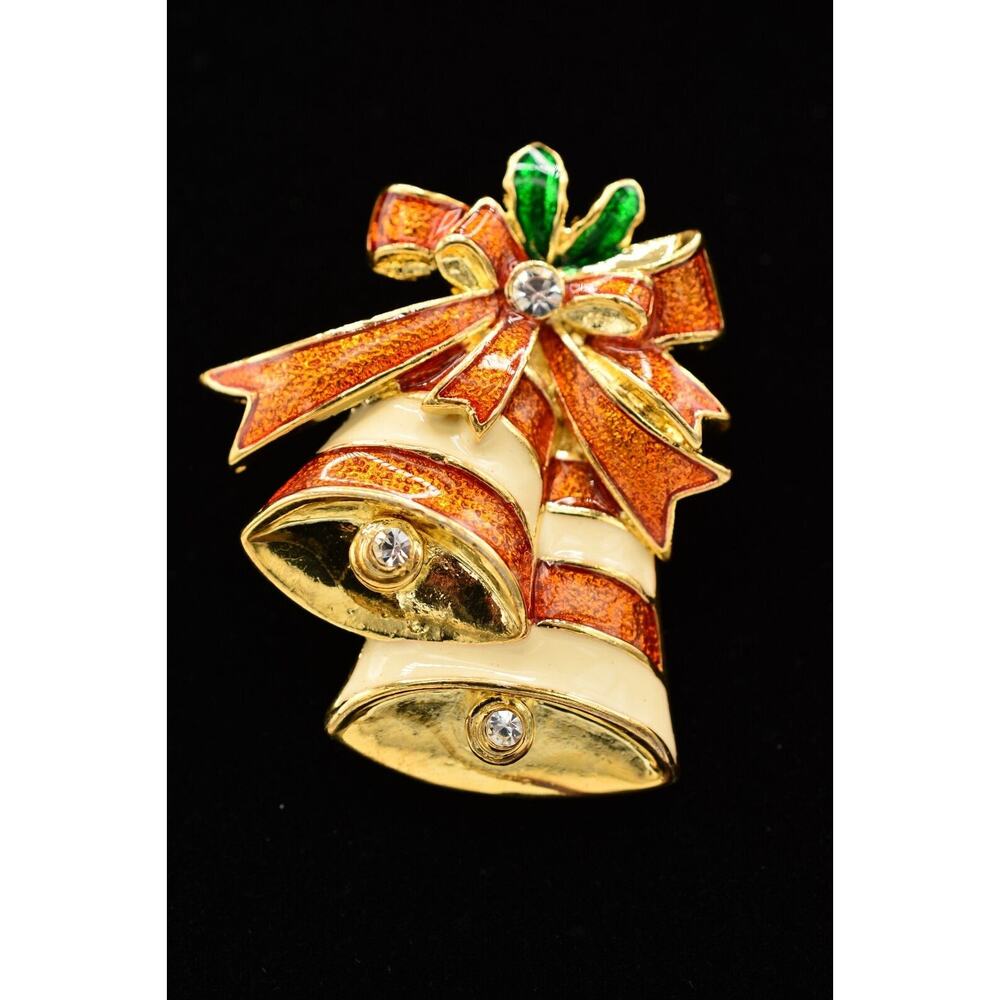 Vintage Bell Pin Brooch Christmas Rhinestone Crystal Gold Red Enamel Heavy BinAH